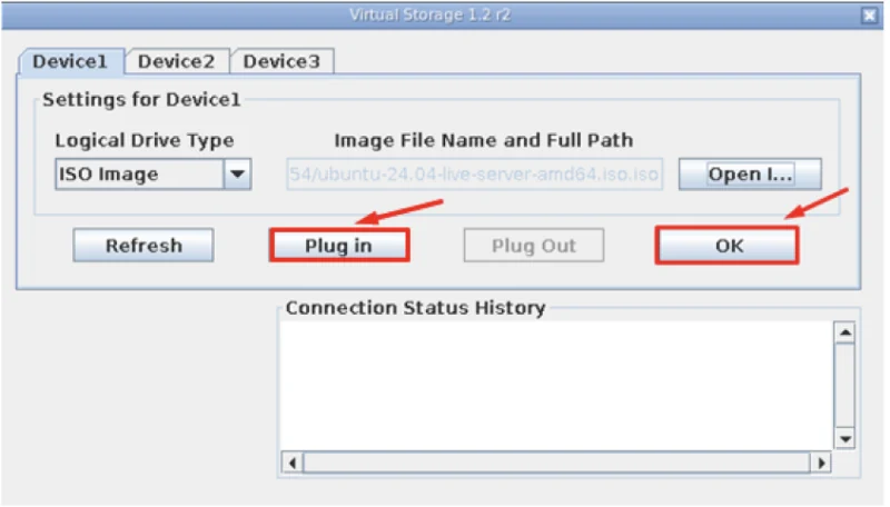 Кнопка Plug in,затем Ok для подключения ISO-образа